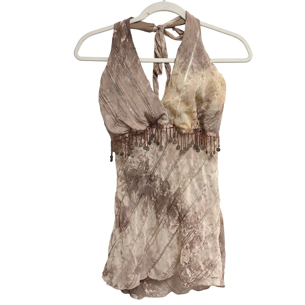 Tendency Boho 90s Coin Fringe Halter Brown Tie Dye Metallic Top XL Y2K